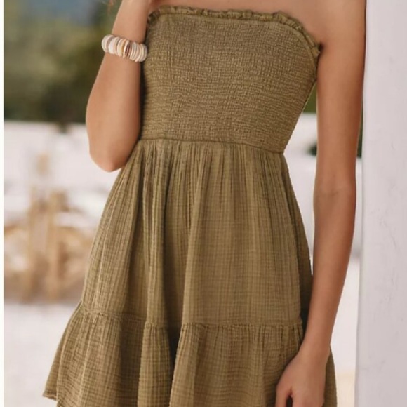NWT! Anthropologie The Marisol Smocked Mini Dress SOFTENED SAGE Green Large - Picture 2 of 10